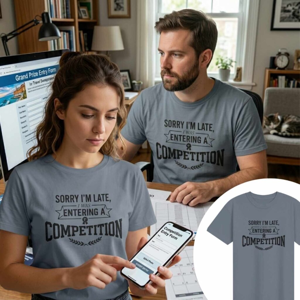 a man and a woman wearing a funny competition t-shirt