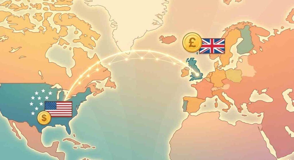 A stylised, friendly graphic showing a dotted line or glowing arc stretching across a simple illustrated world map, connecting the United Kingdom to the United States. Small icons sit at each end — a pound coin and a Union Jack on the UK side, a star-spangled motif and a dollar sign on the US side. Warm, positive colour palette. Style: clean flat vector illustration, travel/finance blog aesthetic. No text.