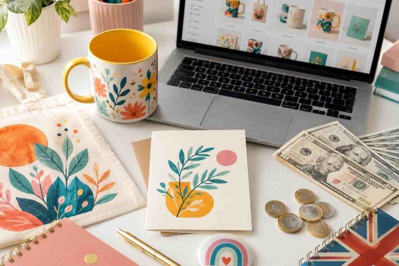 A bright, creative flat-lay scene on a clean white desk. Scattered around are custom-printed products — a colourful mug, a greeting card, a tote bag, and a round badge/button — each showing cheerful illustrated designs in bold, warm colours (coral, teal, golden yellow). A laptop sits open in the background showing a simple, colourful online store dashboard. A small pile of dollar bills and British pound coins sit casually to one side, suggesting international earnings. The overall mood is creative, optimistic and approachable — not corporate. Soft natural light from the left. Shot from a slight overhead angle. Style: clean lifestyle photography meets editorial illustration, like a creative side-hustle blog. No text overlays.