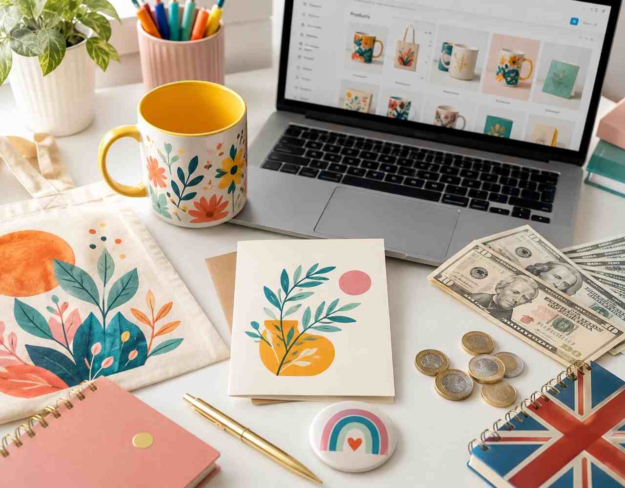 A bright, creative flat-lay scene on a clean white desk. Scattered around are custom-printed products — a colourful mug, a greeting card, a tote bag, and a round badge/button — each showing cheerful illustrated designs in bold, warm colours (coral, teal, golden yellow). A laptop sits open in the background showing a simple, colourful online store dashboard. A small pile of dollar bills and British pound coins sit casually to one side, suggesting international earnings. The overall mood is creative, optimistic and approachable — not corporate. Soft natural light from the left. Shot from a slight overhead angle. Style: clean lifestyle photography meets editorial illustration, like a creative side-hustle blog. No text overlays.