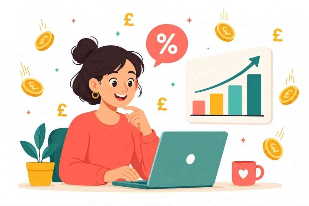 A simple, friendly illustration-style scene: a person sitting at a laptop, smiling, with a rising bar chart floating beside them and small coins/dollar signs gently falling around them. A speech bubble or tag shows a percentage symbol (%). Warm, optimistic colour palette — coral, yellow, teal. Clean white background. Style: flat vector illustration, modern and approachable, suitable for a money/finance blog.