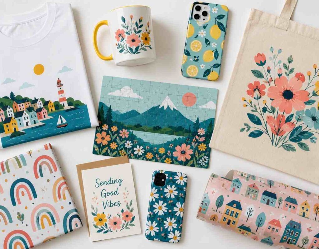 A colourful grid-style flat-lay showing a wide variety of custom print-on-demand products — t-shirt, mug, phone case, tote bag, jigsaw puzzle, greeting card, and wrapping paper — each featuring a different cheerful illustrated design. Products are neatly arranged on a soft white background with pastel colour accents. Bright, clean lighting. Top-down overhead shot. Style: lifestyle product photography, editorial.