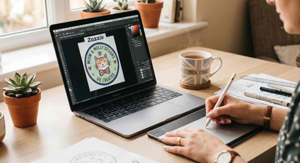 A close-up of a person's hands at a clean desk, working on a laptop, with a graphics tablet and stylus nearby. On the laptop screen is a colourful, illustrated design being created — perhaps a badge or greeting card design. A cup of tea sits to one side (subtly British). Soft, warm natural light. Shallow depth of field. Style: candid creative workspace photography, warm and inviting.